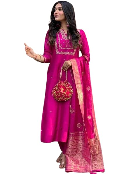 KarteLo's Women's Viscose Silk Heavy Embroidered Straight Kurta with Trouser & Banarasi Jacquard Dupatta Set