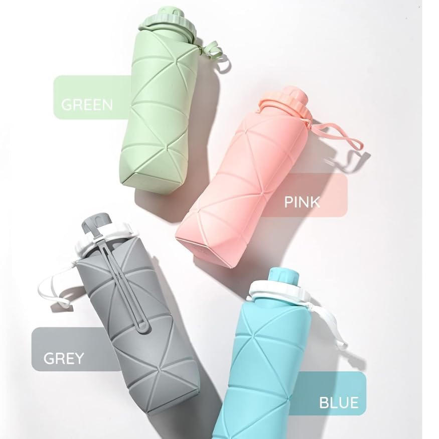 Folding Silicone Water Bottle - 600 Ml, Leak-proof Lid, BPA- (Multicolor)