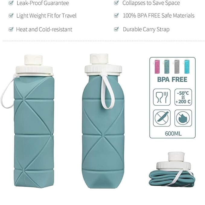 Folding Silicone Water Bottle - 600 Ml, Leak-proof Lid, BPA- (Multicolor)