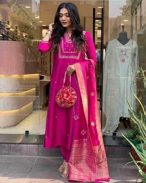 KarteLo's Women's Viscose Silk Heavy Embroidered Straight Kurta with Trouser & Banarasi Jacquard Dupatta Set