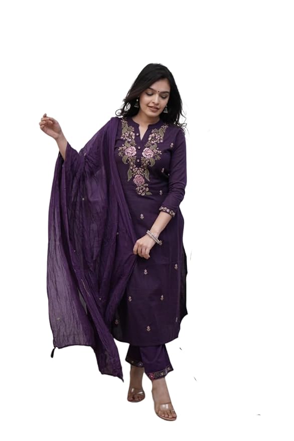 KarteLo's Women's Cotton Embroidery work Straight kurti with Pant & mulmul dupatta set