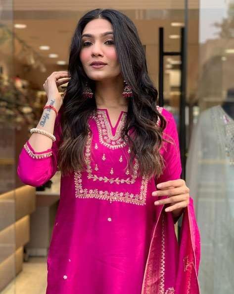 KarteLo's Women's Viscose Silk Heavy Embroidered Straight Kurta with Trouser & Banarasi Jacquard Dupatta Set