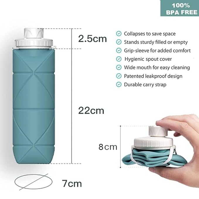 Folding Silicone Water Bottle - 600 Ml, Leak-proof Lid, BPA- (Multicolor)