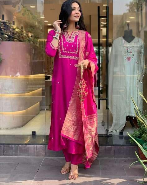 KarteLo's Women's Viscose Silk Heavy Embroidered Straight Kurta with Trouser & Banarasi Jacquard Dupatta Set