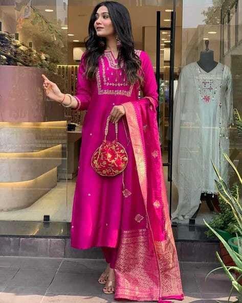 KarteLo's Women's Viscose Silk Heavy Embroidered Straight Kurta with Trouser & Banarasi Jacquard Dupatta Set