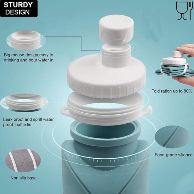Folding Silicone Water Bottle - 600 Ml, Leak-proof Lid, BPA- (Multicolor)
