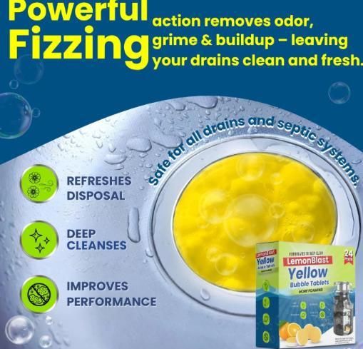 LemonBlast Yellow Bubble Tablets – Powerful Drain & Disposal Cleaner (24 Tablets)
