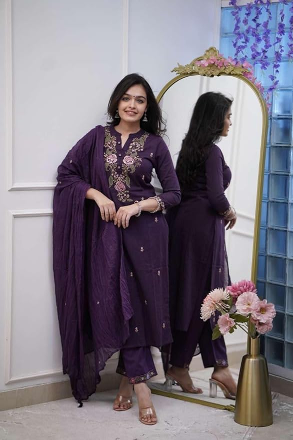 KarteLo's Women's Cotton Embroidery work Straight kurti with Pant & mulmul dupatta set