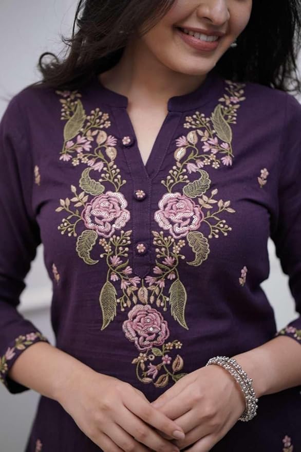 KarteLo's Women's Cotton Embroidery work Straight kurti with Pant & mulmul dupatta set