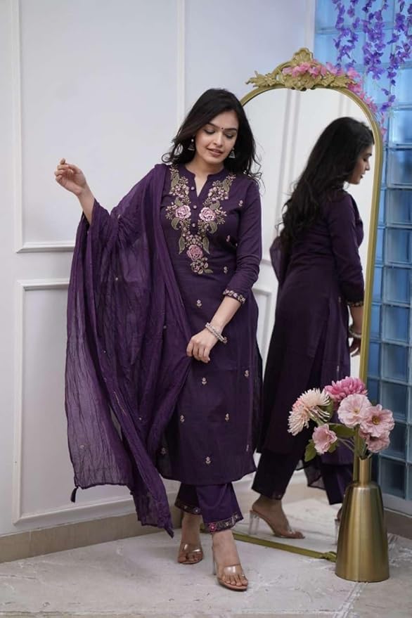 KarteLo's Women's Cotton Embroidery work Straight kurti with Pant & mulmul dupatta set