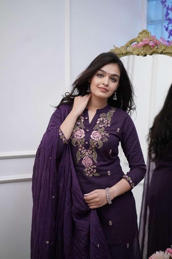 KarteLo's Women's Cotton Embroidery work Straight kurti with Pant & mulmul dupatta set