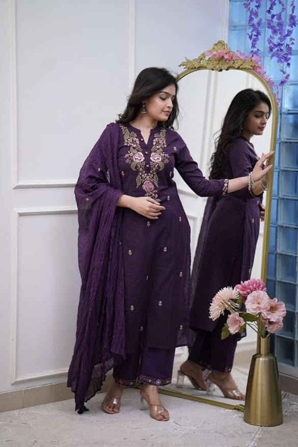 KarteLo's Women's Cotton Embroidery work Straight kurti with Pant & mulmul dupatta set