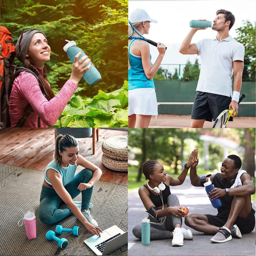 Folding Silicone Water Bottle - 600 Ml, Leak-proof Lid, BPA- (Multicolor)