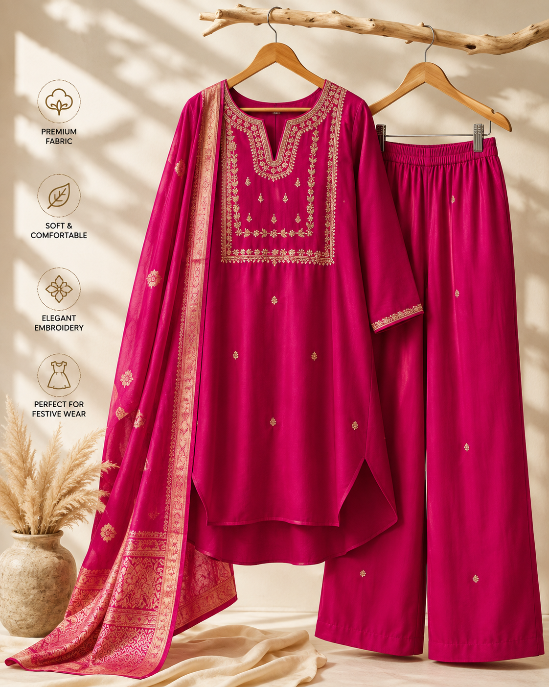 KarteLo's Women's Viscose Silk Heavy Embroidered Straight Kurta with Trouser & Banarasi Jacquard Dupatta Set