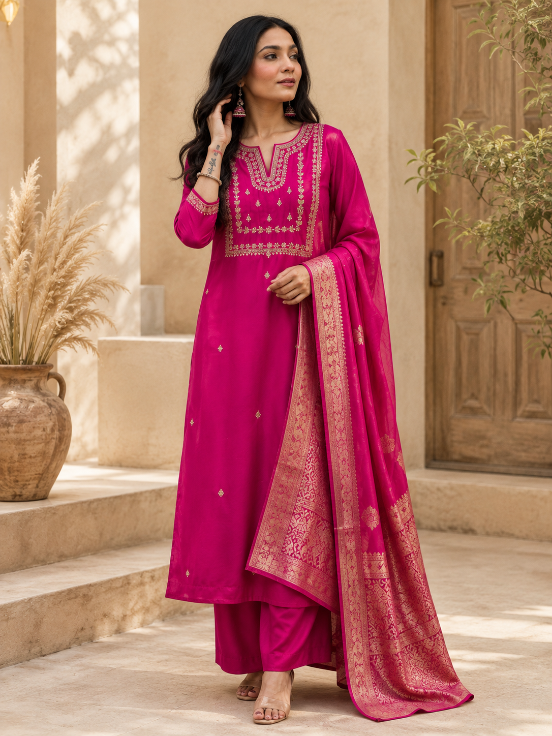 KarteLo's Women's Viscose Silk Heavy Embroidered Straight Kurta with Trouser & Banarasi Jacquard Dupatta Set
