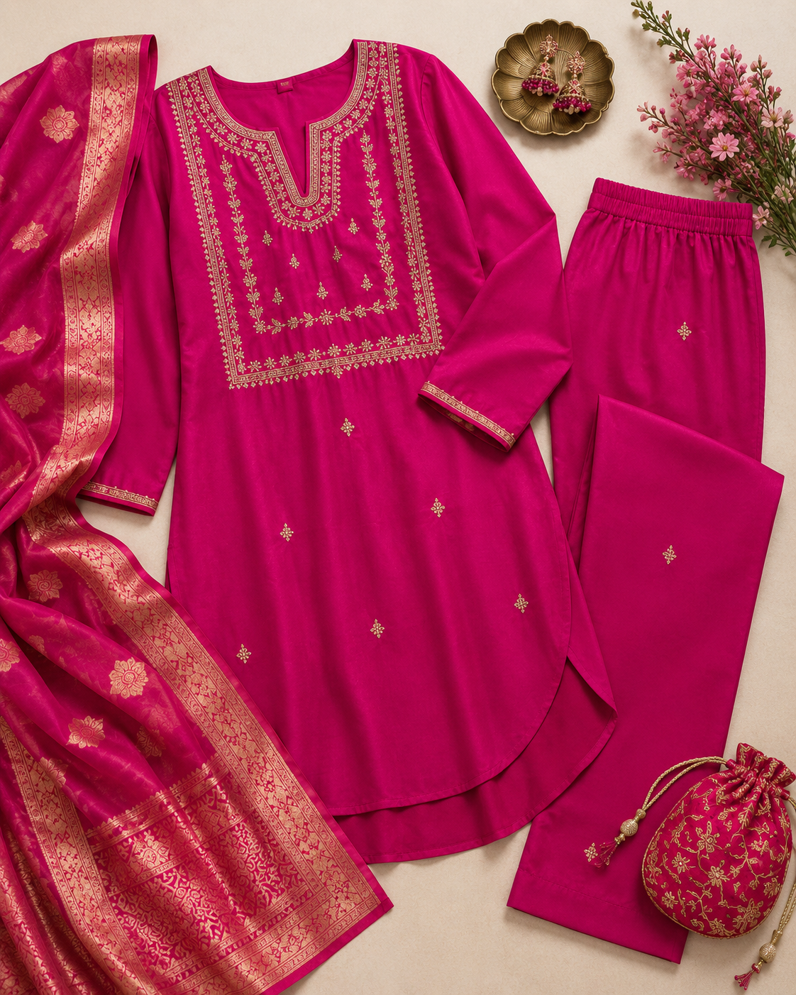 KarteLo's Women's Viscose Silk Heavy Embroidered Straight Kurta with Trouser & Banarasi Jacquard Dupatta Set