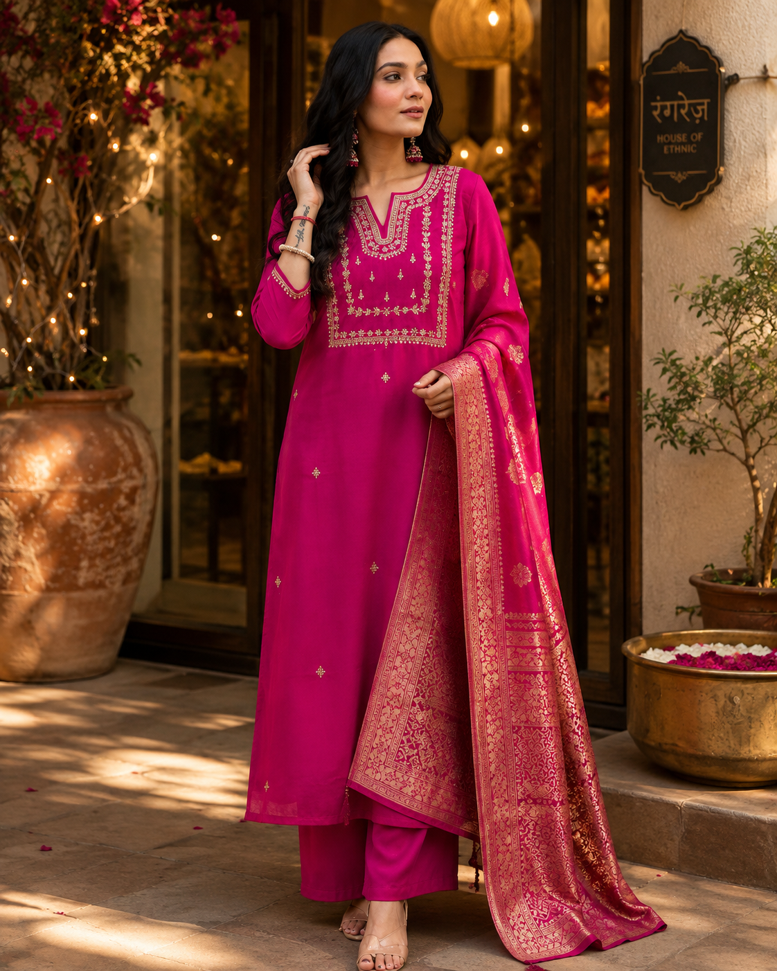 KarteLo's Women's Viscose Silk Heavy Embroidered Straight Kurta with Trouser & Banarasi Jacquard Dupatta Set
