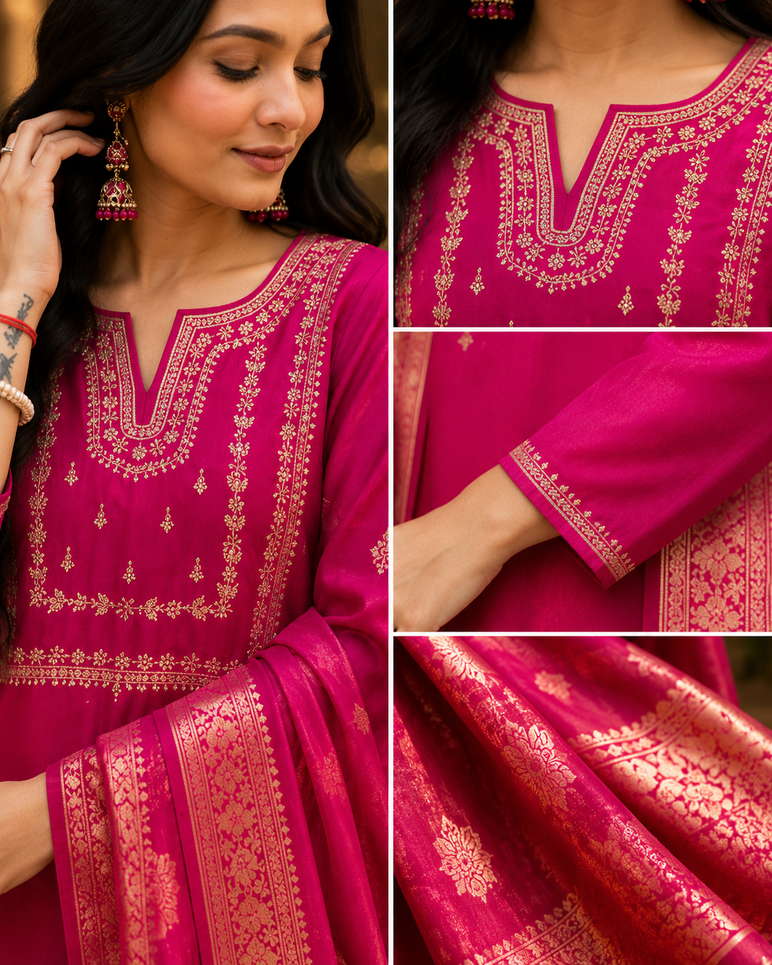 KarteLo's Women's Viscose Silk Heavy Embroidered Straight Kurta with Trouser & Banarasi Jacquard Dupatta Set