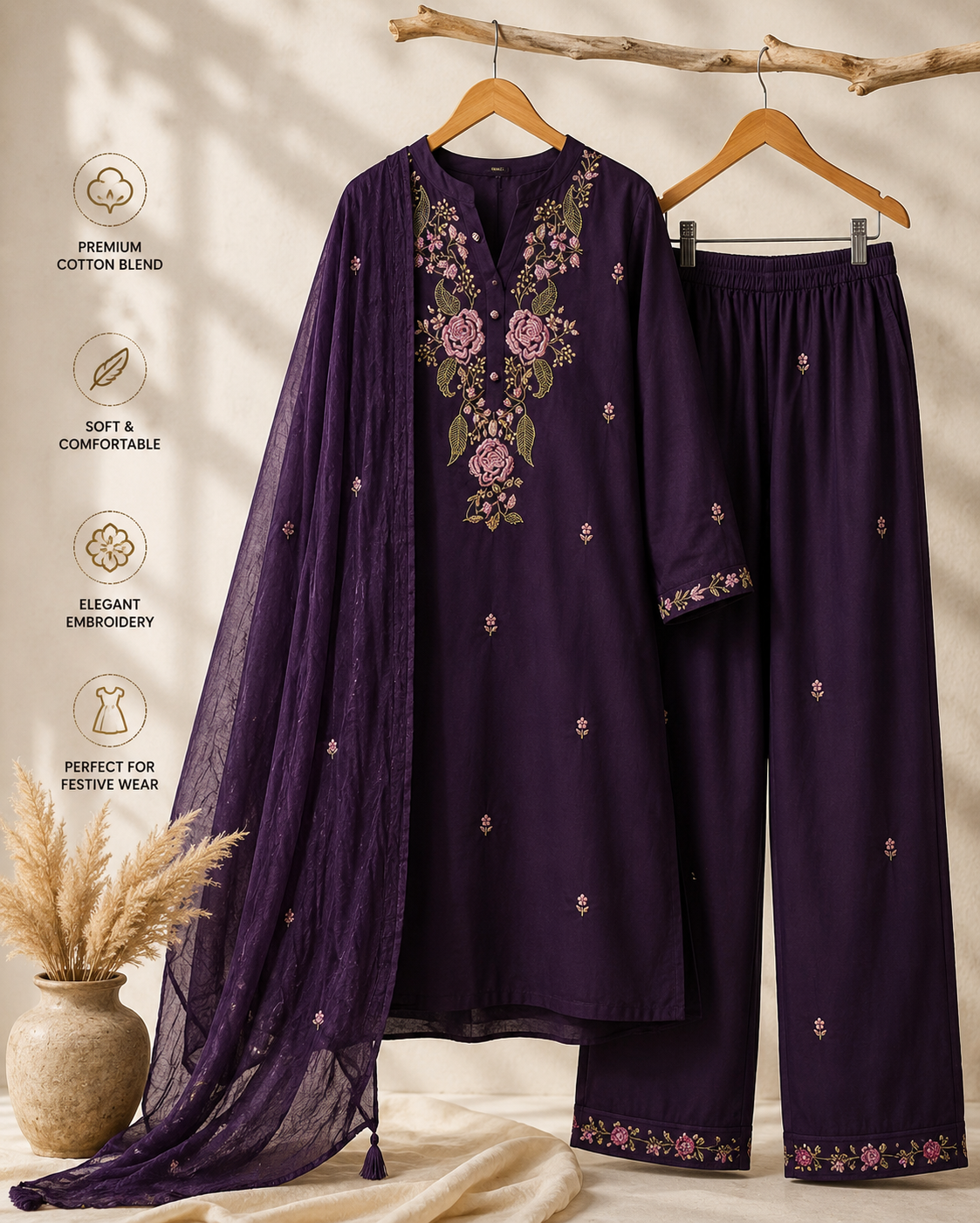 KarteLo's Women's Cotton Embroidery work Straight kurti with Pant & mulmul dupatta set