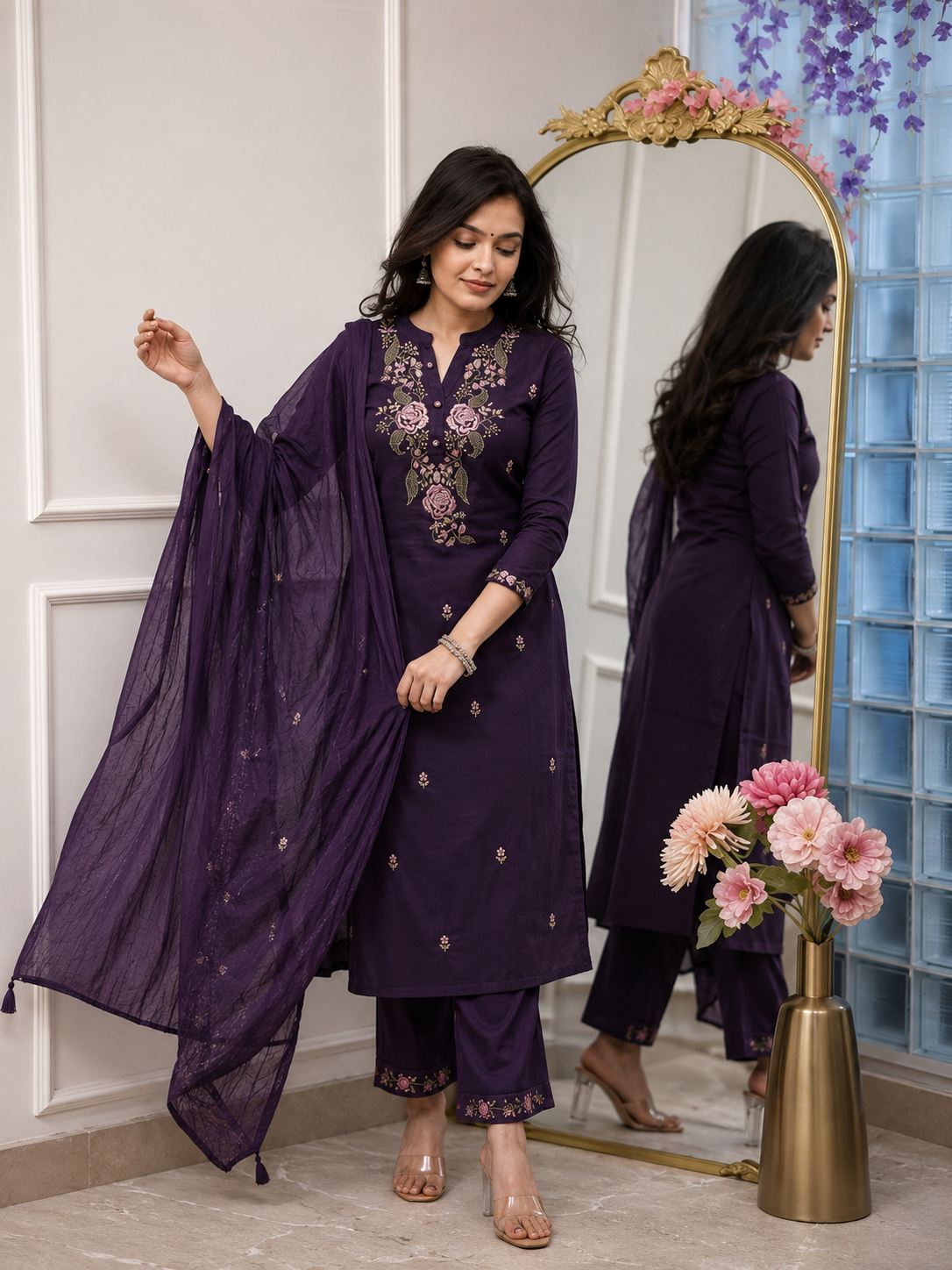 KarteLo's Women's Cotton Embroidery work Straight kurti with Pant & mulmul dupatta set