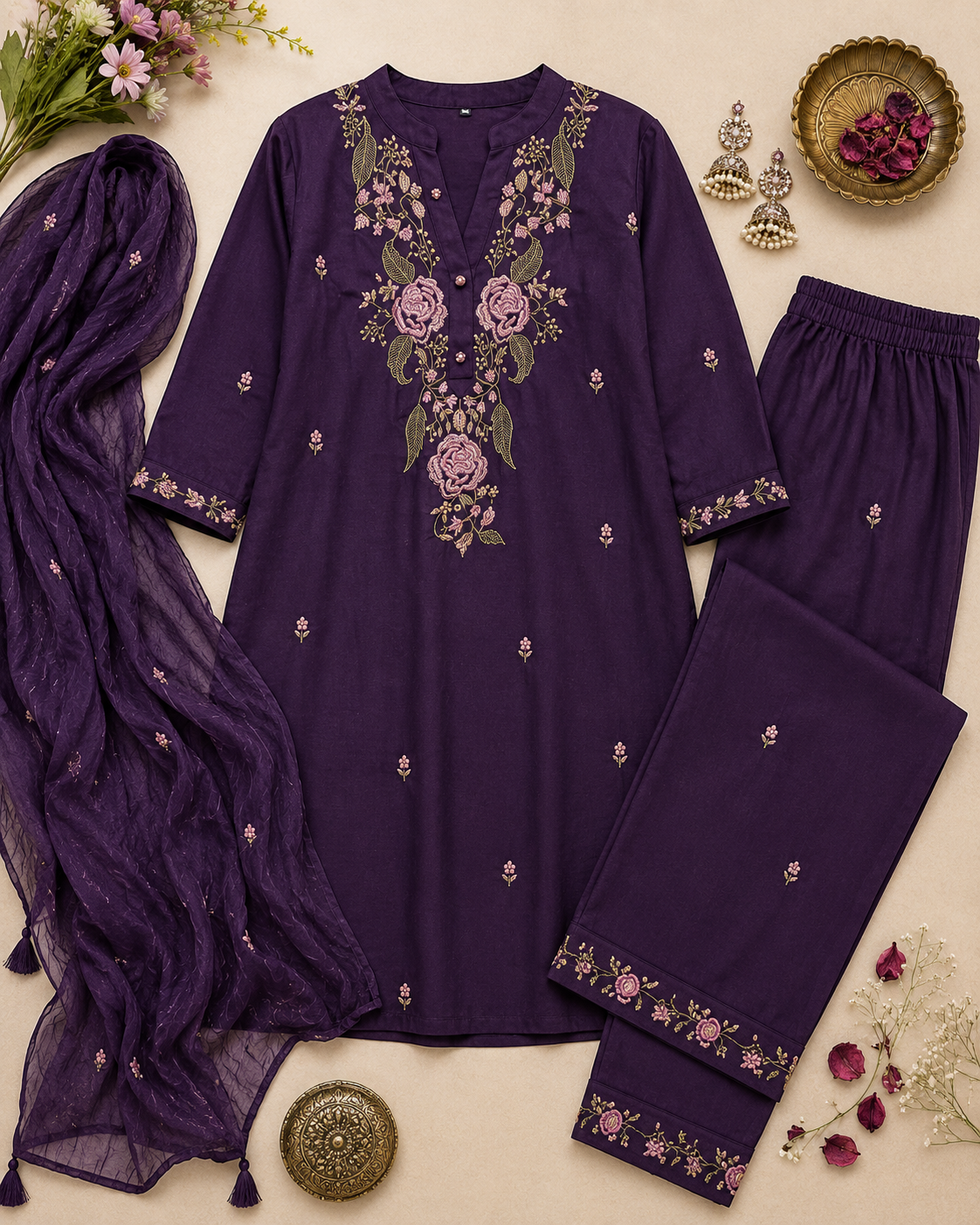 KarteLo's Women's Cotton Embroidery work Straight kurti with Pant & mulmul dupatta set