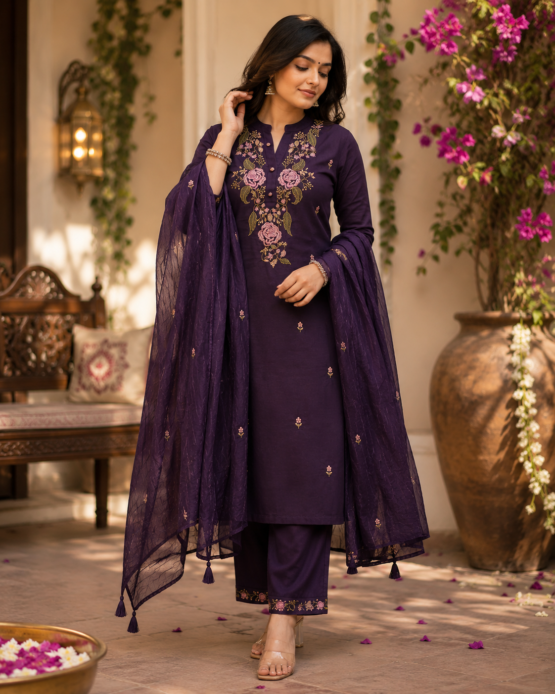 KarteLo's Women's Cotton Embroidery work Straight kurti with Pant & mulmul dupatta set