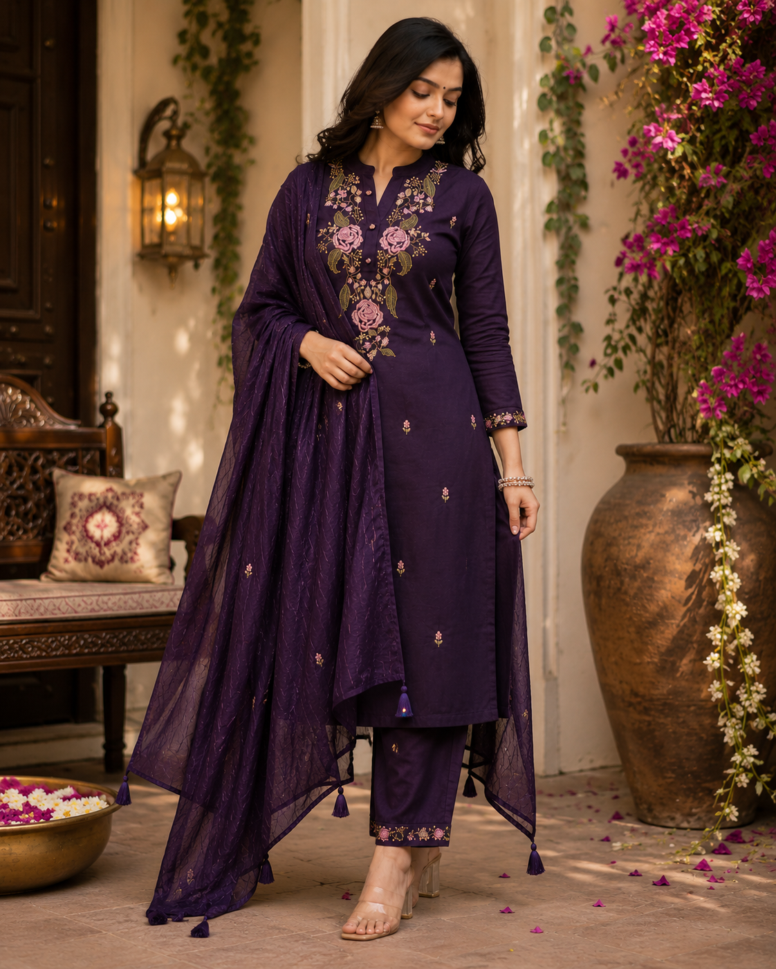 KarteLo's Women's Cotton Embroidery work Straight kurti with Pant & mulmul dupatta set