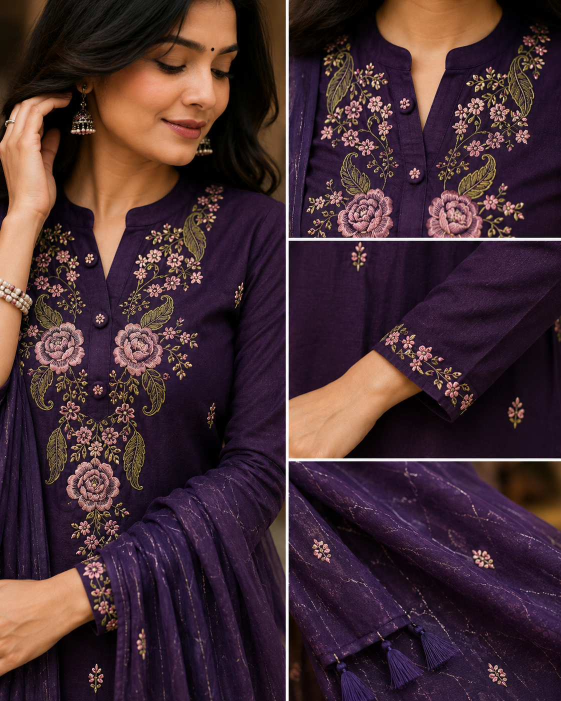 KarteLo's Women's Cotton Embroidery work Straight kurti with Pant & mulmul dupatta set