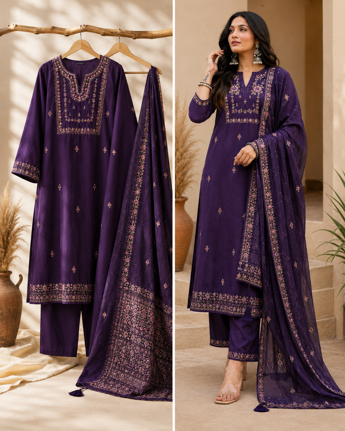 KarteLo's Women's Cotton Embroidery work Straight kurti with Pant & mulmul dupatta set