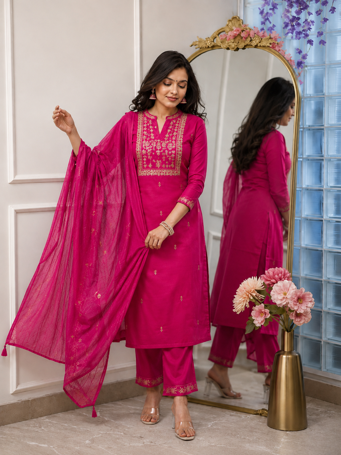 KarteLo's Women's Viscose Silk Heavy Embroidered Straight Kurta with Trouser & Banarasi Jacquard Dupatta Set