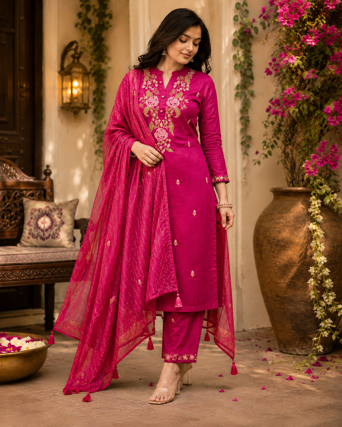 KarteLo's Women's Viscose Silk Heavy Embroidered Straight Kurta with Trouser & Banarasi Jacquard Dupatta Set