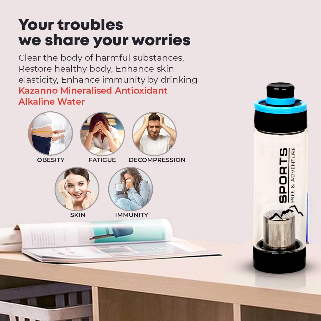 Kazanno Alkaline Water Bottle | 600 ML | Borosilicate Glass Bottle | Ph Level Upto 9.5 | Get negative ORP Water